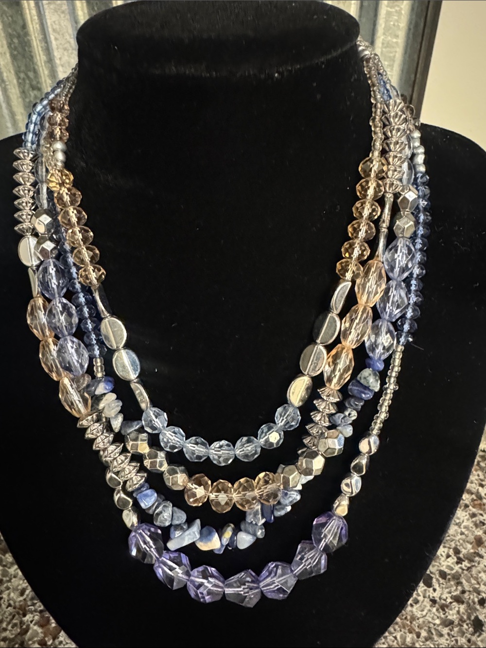 Multi-Strand Blue and Champagne Bead Necklace - Women Jewelry